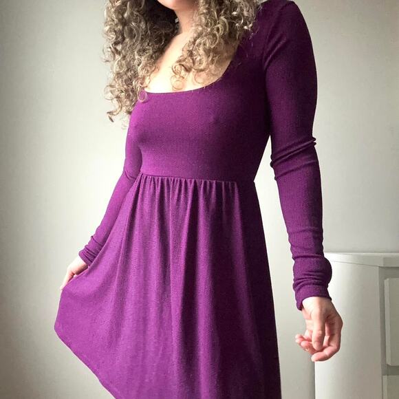 Free People women large Purple Metallic Square scoop Neck Mini Dress long sleeve - Picture 1 of 8